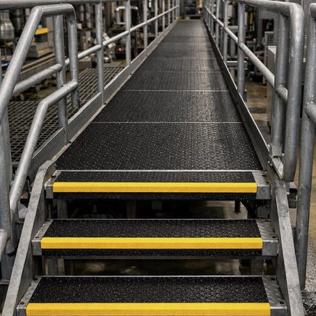 Helion Supply anti-slip steel floor plate installed on an industrial process facility access walkway