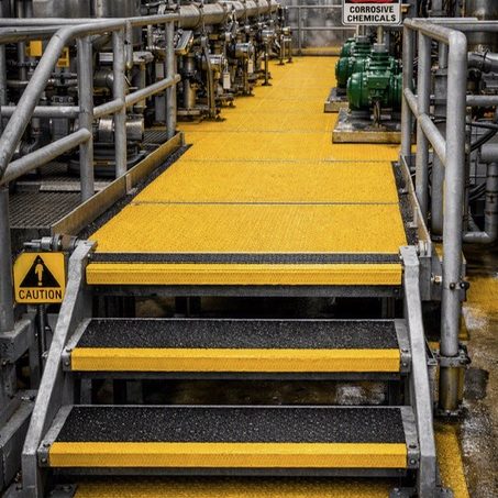 Helion ProChem anti-slip floor plates installed on a chemical plant production access gantry.