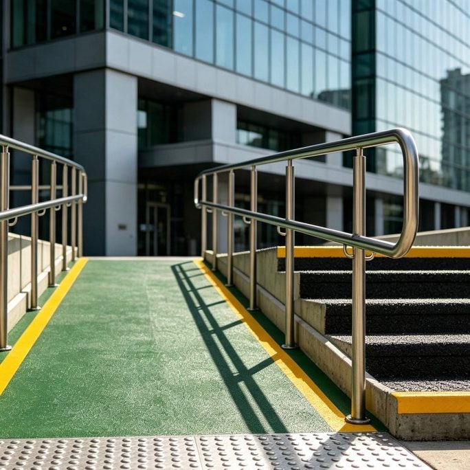 Helion Access anti-slip flooring & plates installed on a disabled access ramp & stairs in a commercial space.