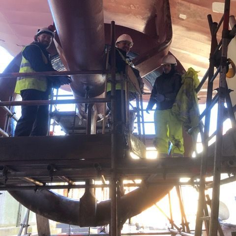 Composite repair and protective coating works underway to ship stern tubes - Corrotec marine solutions Birkenhead Wirral